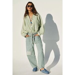 Free People Moxie Low Slung Barrel Railroad Stripe Jeans Size 28 Green Stripe